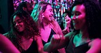 Dancing, music and friends in club, night and fun for women, bonding and celebration in weekend and group. Lights, dark and energy for party, dancer and people in rave, disco and festival in New Year