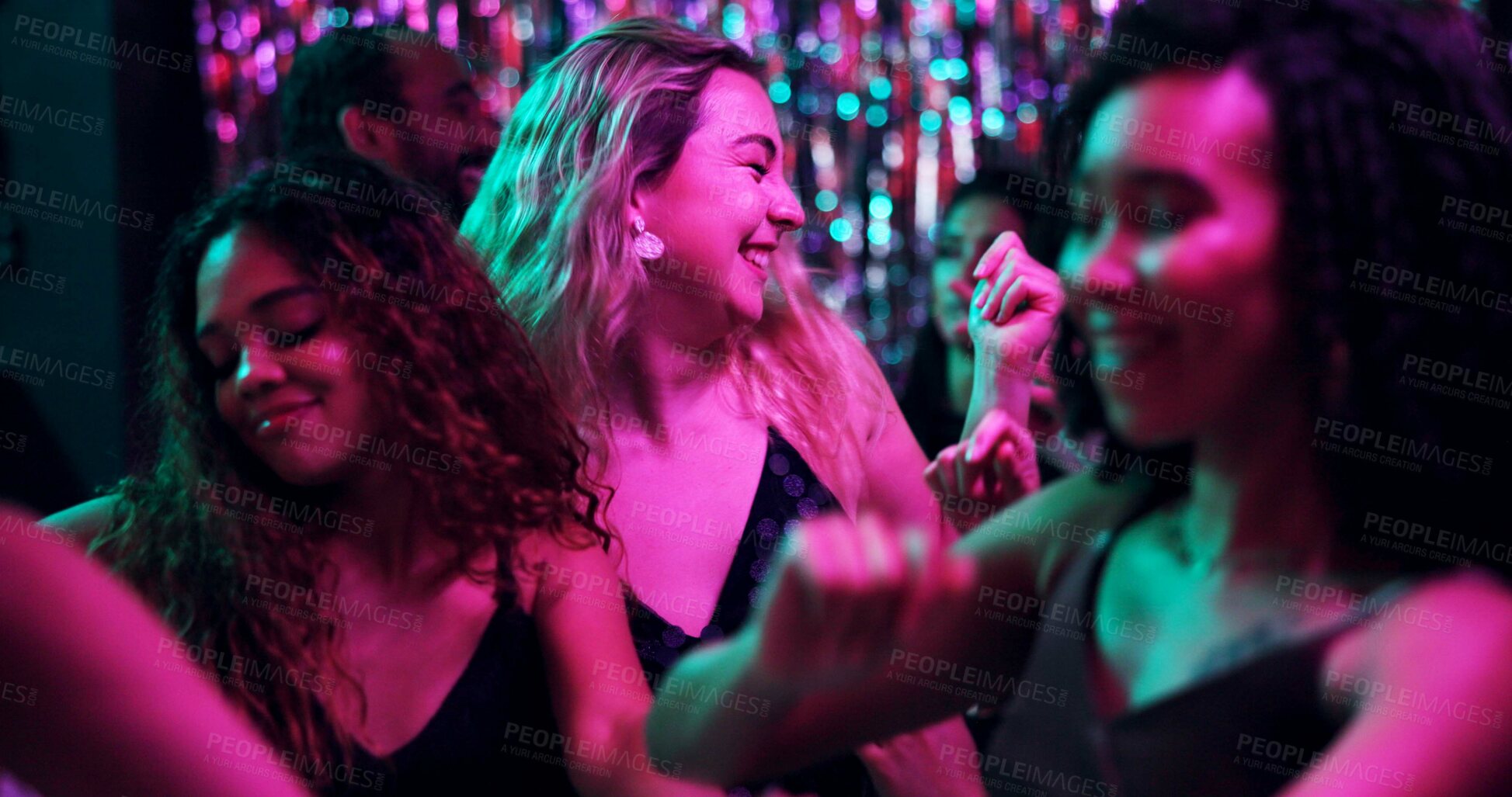 Buy stock photo Dancing, music and friends in club, night and fun for women, bonding and celebration in weekend and group. Lights, dark and energy for party, dancer and people in rave, disco and festival in New Year