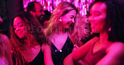 Buy stock photo Dancing, group and friends in club, night and fun for women, bonding and celebration in weekend or smile. Lights, dark and listening to music, dancer and people in rave, disco or festival in New Year