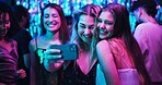 Fun, selfie and friends in club, night and group of women, bonding and celebration in weekend and smile. Photography, dark and memory of party, event and profile picture of people, rave and New Year