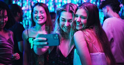 Buy stock photo Fun, selfie and friends in club, night and group of women, bonding and celebration in weekend and smile. Photography, dark and memory of party, event and profile picture of people, rave and New Year