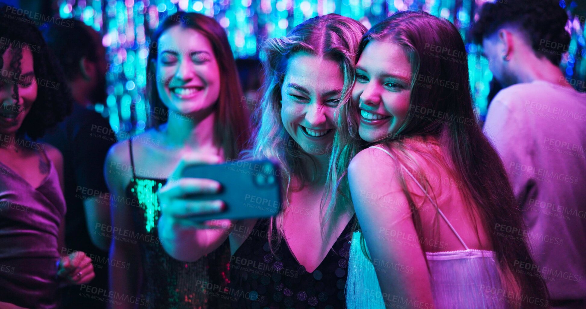 Buy stock photo Fun, selfie and friends in club, night and group of women, bonding and celebration in weekend and smile. Photography, dark and memory of party, event and profile picture of people, rave and New Year