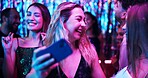 Women, selfie and friends in night club for party, celebration and birthday on weekend with memory. Group of people, happy and dance at festival for event, social media or profile picture on New Year