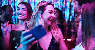 Buy stock photo Women, selfie and friends in night club for party, celebration and birthday on weekend with memory. Group of people, happy and dance at festival for event, social media or profile picture on New Year