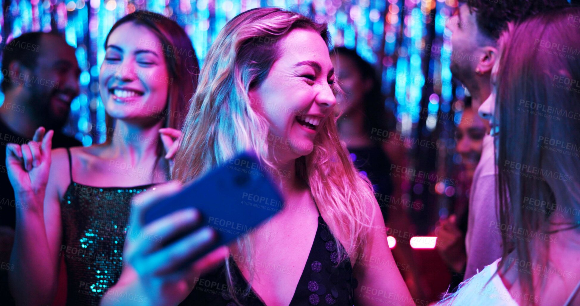 Buy stock photo Women, selfie and friends in night club for party, celebration and birthday on weekend with memory. Group of people, happy and dance at festival for event, social media or profile picture on New Year