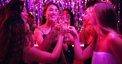 Buy stock photo Women, cheers or glitter in night club for party, celebration and excited for New Year. Friends, champagne and energy on dancefloor for event, disco or birthday social with neon lights for aesthetic