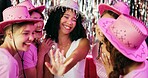 Bachelorette party, wedding ring and excited with women at club for bride to be, wedding and night out. Support, bridal shower and celebration with people for social event, friends and happiness
