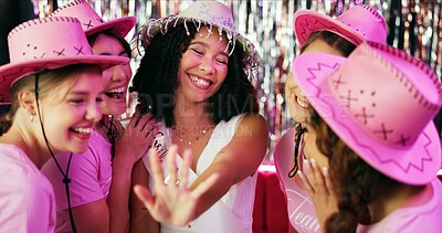 Buy stock photo Bachelorette party, wedding ring and excited with women at club for bride to be, group and night out. Support, bridal shower and celebration with people for social event, friends and happiness
