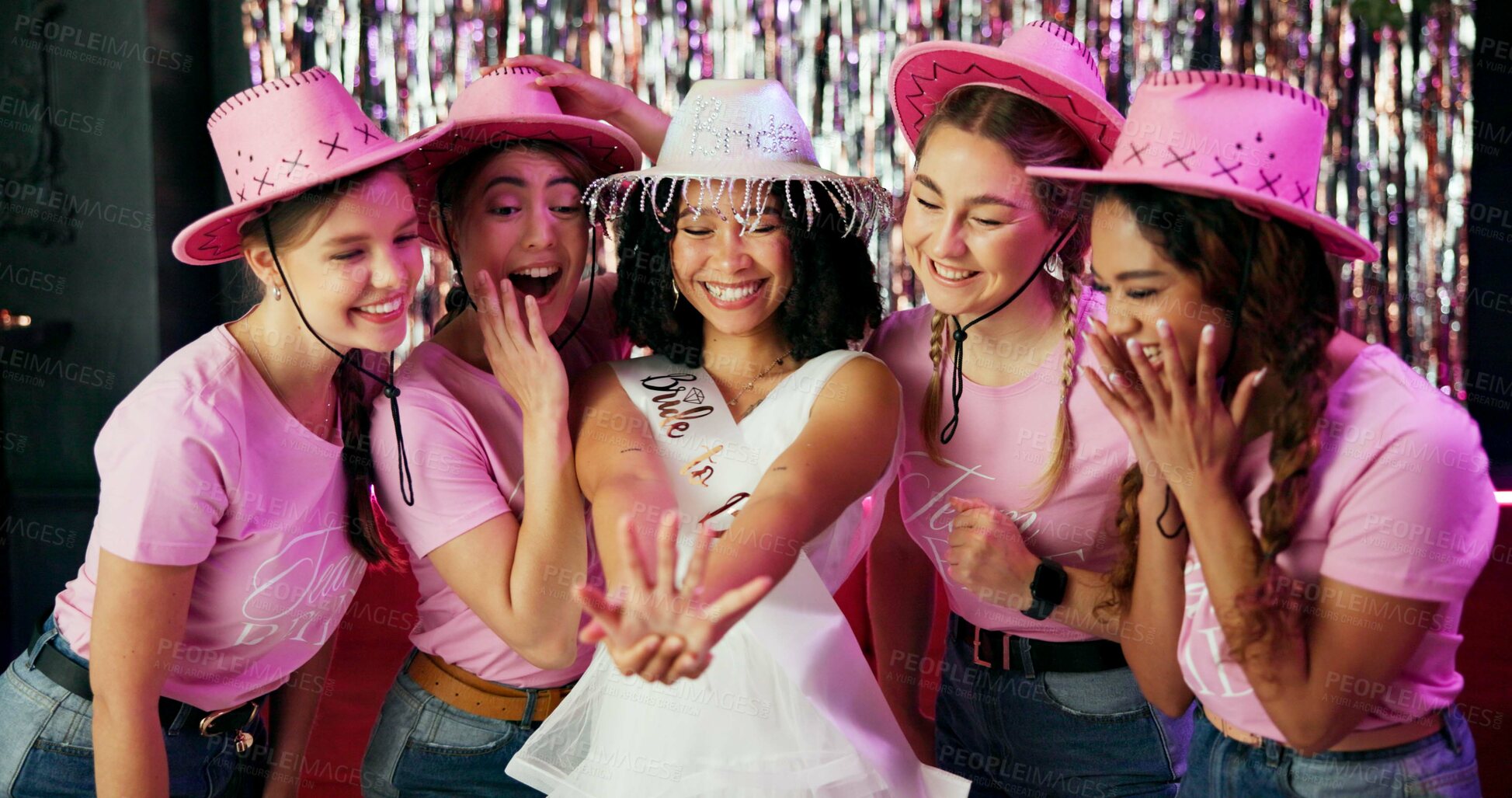 Buy stock photo Bachelorette party, wedding ring and celebration with women at club for bride to be, wedding and night out. Support, bridal shower and excited with people for social event, friends and happiness
