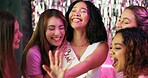 Bachelorette party, wedding ring and happy with friends at club for bride to be, announcement and night out. Support, bridal shower and celebration with people for social event, women and group