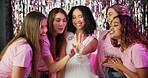 Bachelorette party, wedding ring and friends with women at club for bride to be, announcement and night out. Support, bridal shower and celebration with people for social event, happy and group