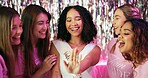 Bachelorette party, wedding ring and friends with people at club for bride to be, announcement and night out. Support, bridal shower and celebration with women for social event, happy and group