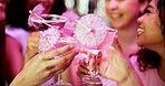 Bachelorette party, cheers and cocktails with women at club for bride to be, wedding and night out. Support, bridal shower and hen do with people and drinks for social event, friends and happiness
