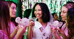 Bachelorette party, night and cocktails with women at club for bride to be, wedding and celebration. Support, bridal shower and hen do with people and drinks for social event, friends and happiness
