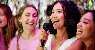 Buy stock photo Bachelorette party, karaoke and singing with women at club for bride to be, wedding and night out. Music, bridal shower and hen do with people and microphone for social event, friends and happiness