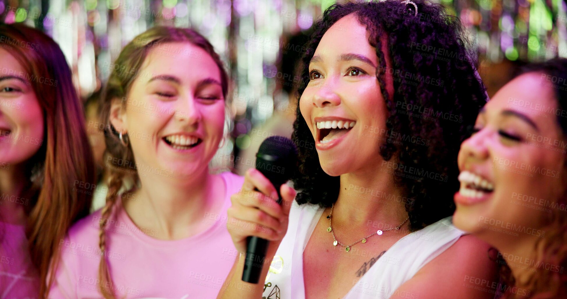 Buy stock photo Bachelorette party, karaoke and singing with women at club for bride to be, wedding and night out. Music, bridal shower and hen do with people and microphone for social event, friends and happiness