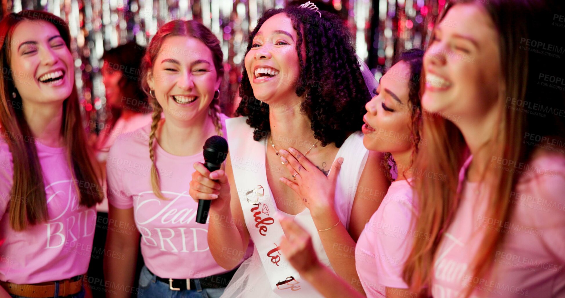 Buy stock photo Bachelorette party, karaoke and night with women at club for bride to be, wedding and singing. Music, bridal shower and hen do with people and microphone for social event, friends and celebration