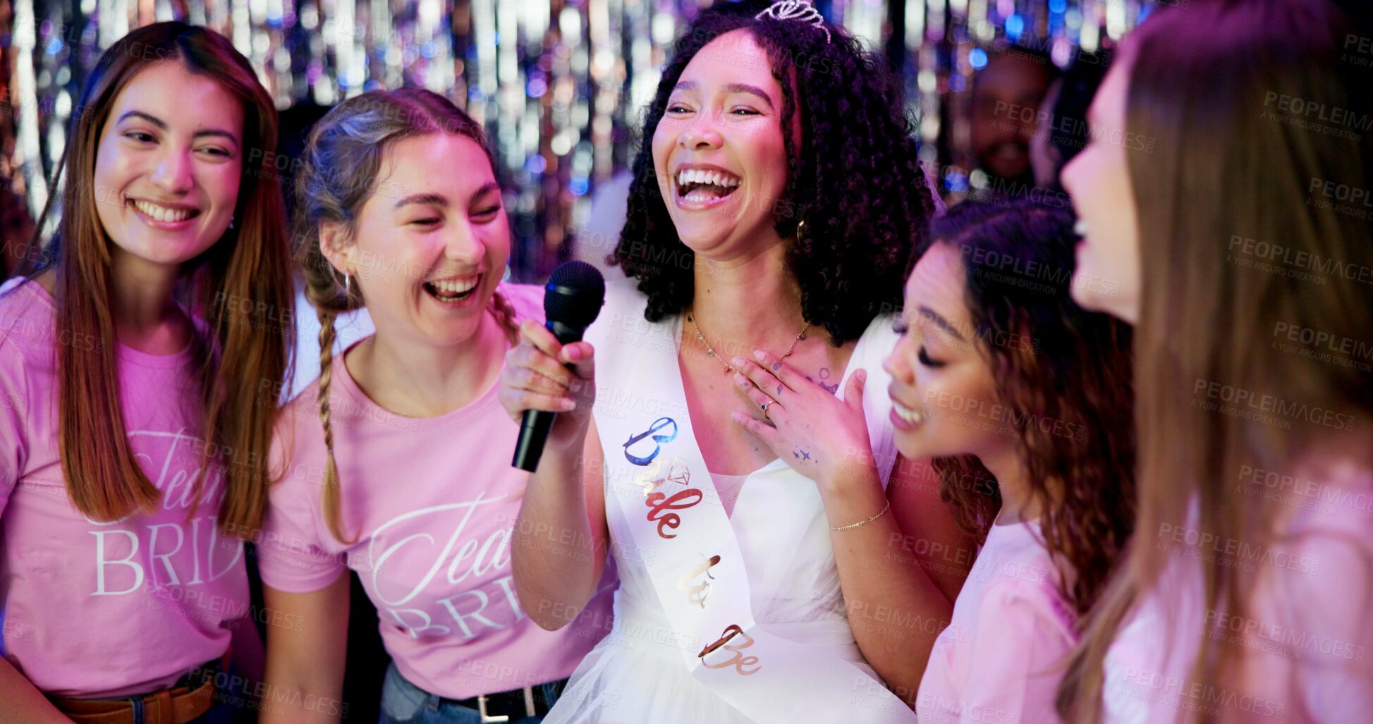 Buy stock photo Woman, bride and mic at party for celebration of engagement, future wedding and disco night at club. Excited, friends and funny event with bridal shower, marriage and ceremony for traditional reunion