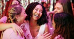 Bachelorette party, celebration and hug with women at club for bride to be, wedding and night out. Support, bridal shower and hen do with people in embrace for social event, friends and happiness