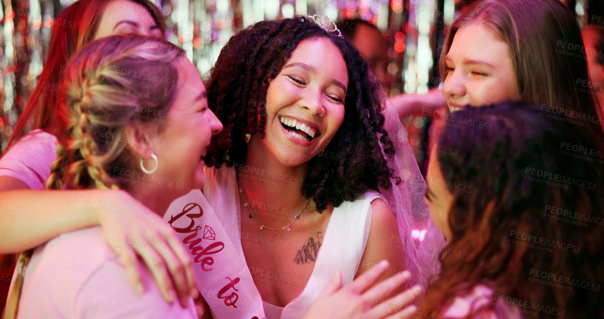 Buy stock photo Bachelorette party, celebration and hug with women at club for bride to be, wedding and night out. Support, bridal shower and hen do with people in embrace for social event, friends and happiness