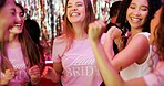 Bachelorette party, celebration and dance with women at club for bride to be, wedding and night out. Support, bridal shower and hen do with people for social event, friends and happiness together