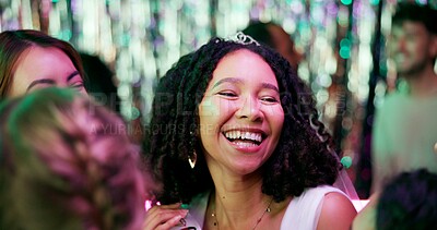 Buy stock photo Bachelorette party, friends and smile with women at club for bride to be, wedding and night out. Support, bridal shower and hen do with people for social event, celebration and happiness together