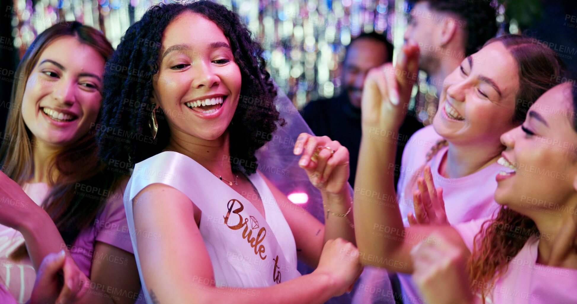 Buy stock photo Bridal shower, celebration and dance with women at club for bride to be, wedding and night out. Support, bachelorette party and hen do with people for social event, friends and happiness together
