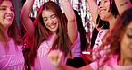 Bridal shower, friends and dance with women at club for bride to be, wedding and night out. Support, bachelorette party and hen do with people for social event, celebration and happiness together
