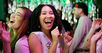 Bridal shower, confetti and dance with women at club for bride to be, wedding and night out. Support, bachelorette party and hen do with people for social event, celebration and happiness together
