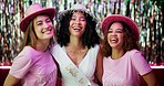 Bachelorette party, celebration and night with women at club for bride to be, wedding and smile. Support, bridal shower and hen do with people for social event, friends and happiness together
