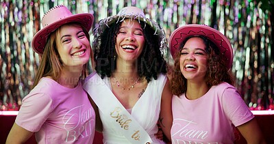 Buy stock photo Bachelorette party, celebration and night with women at club for bride to be, wedding and smile. Support, bridal shower and hen do with people for social event, friends and happiness together
