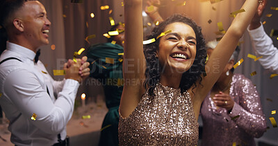 Buy stock photo Woman, dancing and excited at night, event and happy at new years eve with cheers, diversity or colleagues. Business people, group and smile with confetti, glitter and celebration with party at gala