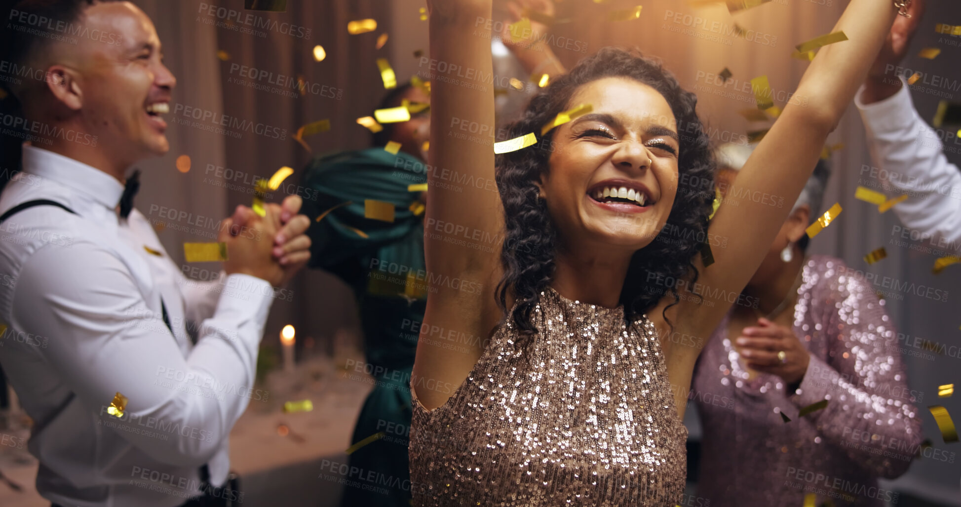 Buy stock photo Woman, dancing and excited at night, event and happy at new years eve with cheers, diversity or colleagues. Business people, group and smile with confetti, glitter and celebration with party at gala