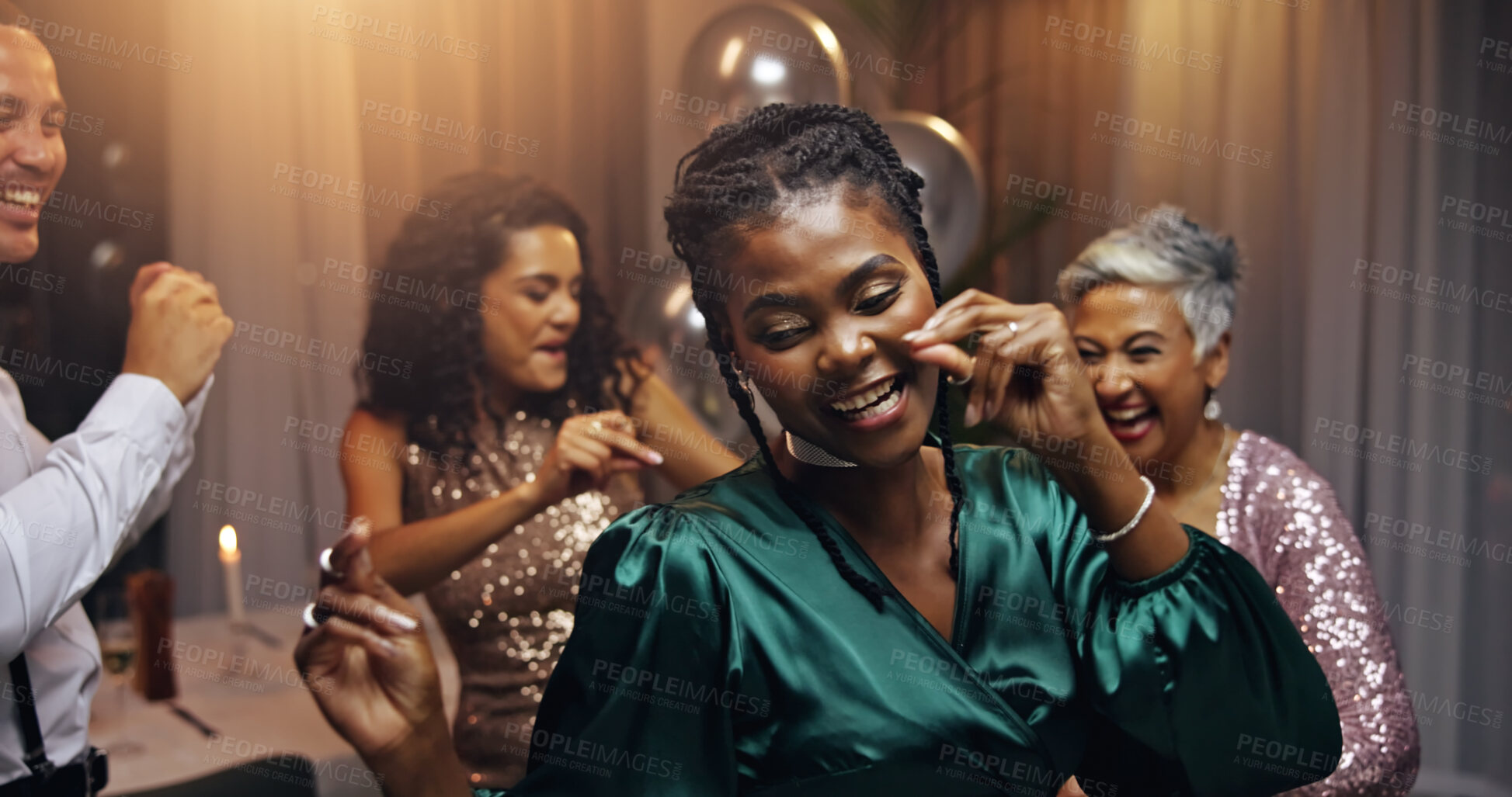 Buy stock photo Woman, dancing and party at night, event and happy at new years eve with friends, diversity and colleagues. Business people, group and smile with snap, festive and excited with celebration at gala