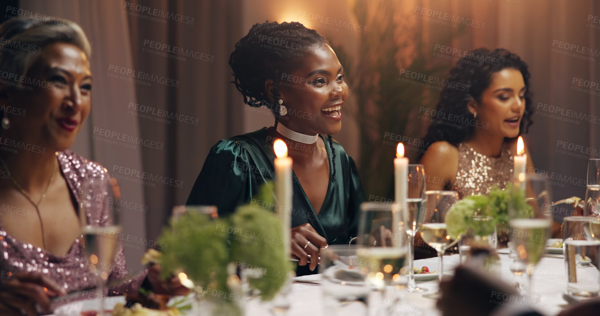 Buy stock photo Women, dinner and business people at party with food, drinks and plate for charity drive at night. Group, friends and luxury fine dining for fundraiser with celebration, alcohol or talk at gala event