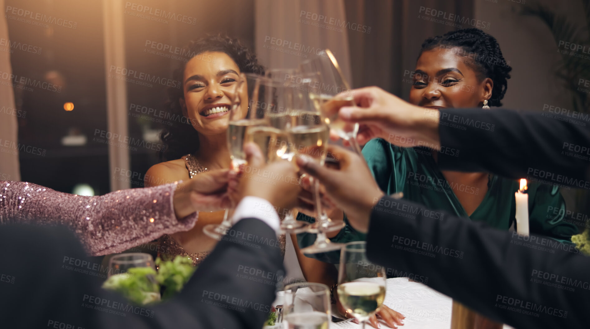 Buy stock photo Business people, dinner and toast champagne at party in celebration, goal or diversity for success with smile at night. Team, drinks and alcohol for cheers, congratulations and new year at gala event