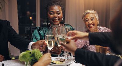 Buy stock photo Business people, dinner and toast champagne at event in celebration, goal or diversity for success with smile at night. Team, drinks and alcohol for cheers, congratulations and new year party at gala