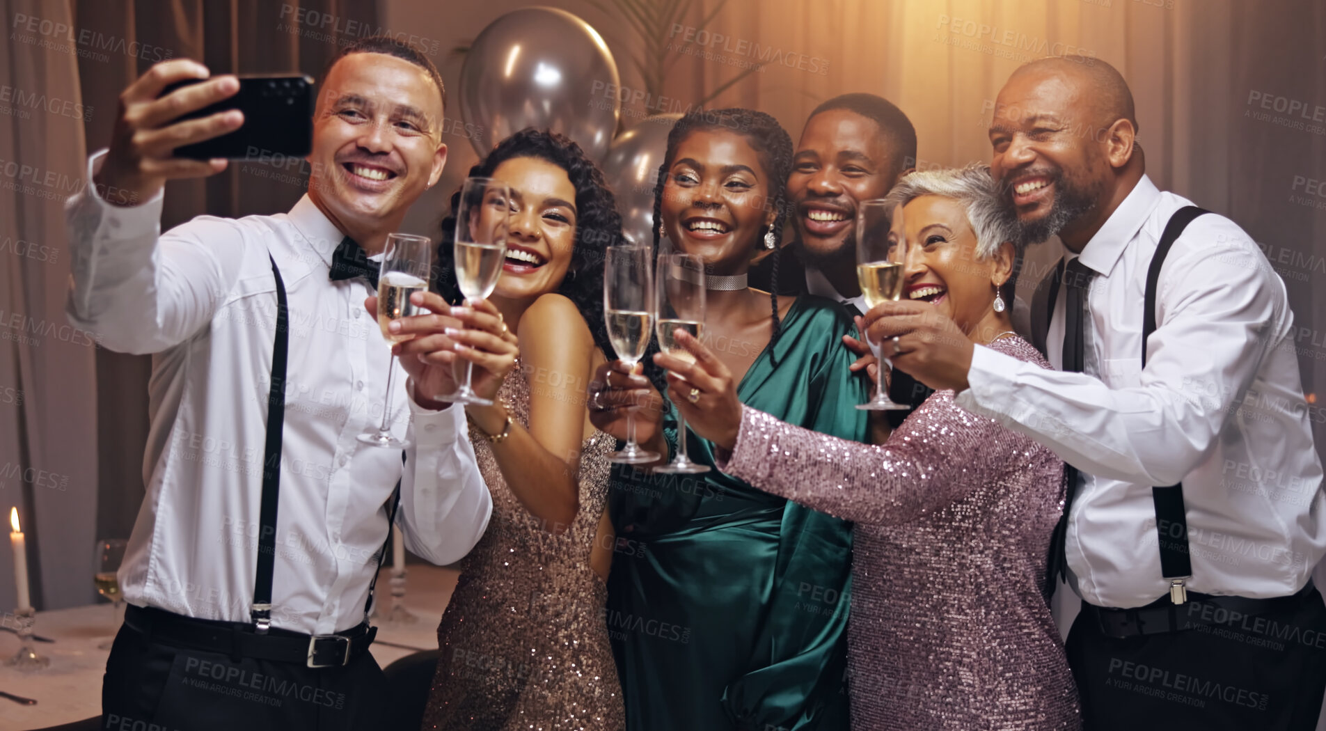 Buy stock photo Business people, selfie and toast champagne at night in celebration, memory or smile for diversity at party. Group, drinks and happy with alcohol for social media, friends and new year at gala event