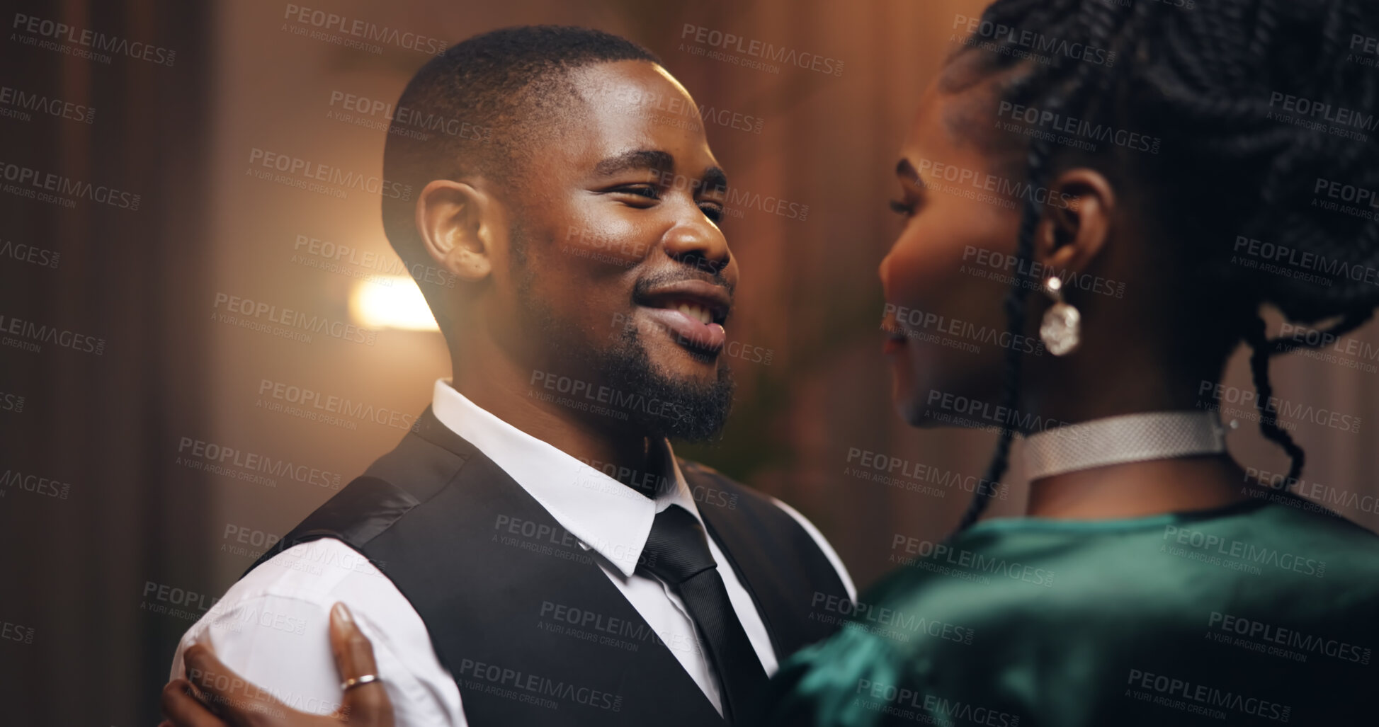 Buy stock photo Black couple, dancing and happy at event, night and together at charity ball with care, love and connection. Man, woman and hug with steps for smile at party, ballroom and fundraiser gala for poverty