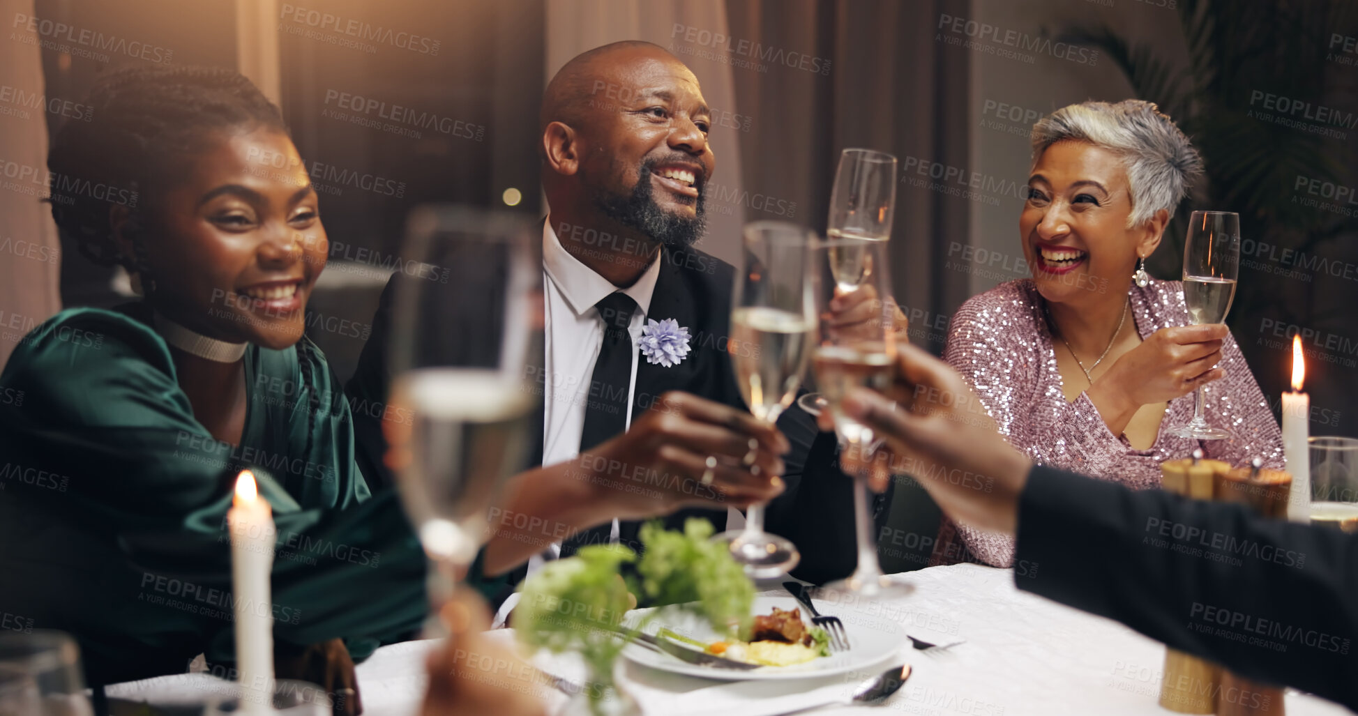 Buy stock photo Business people, celebration and toast champagne at dinner with goals, excited and diversity for success at night. Group, drinks and smile with cheers, congratulations and new year at gala event