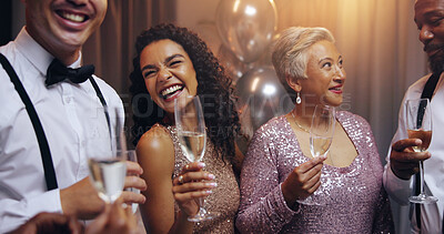 Buy stock photo Business people, group and happy with champagne at party, conversation and celebration for new year. Women, men and smile with friends, diversity and glass for alcohol, drinks and gala event at night