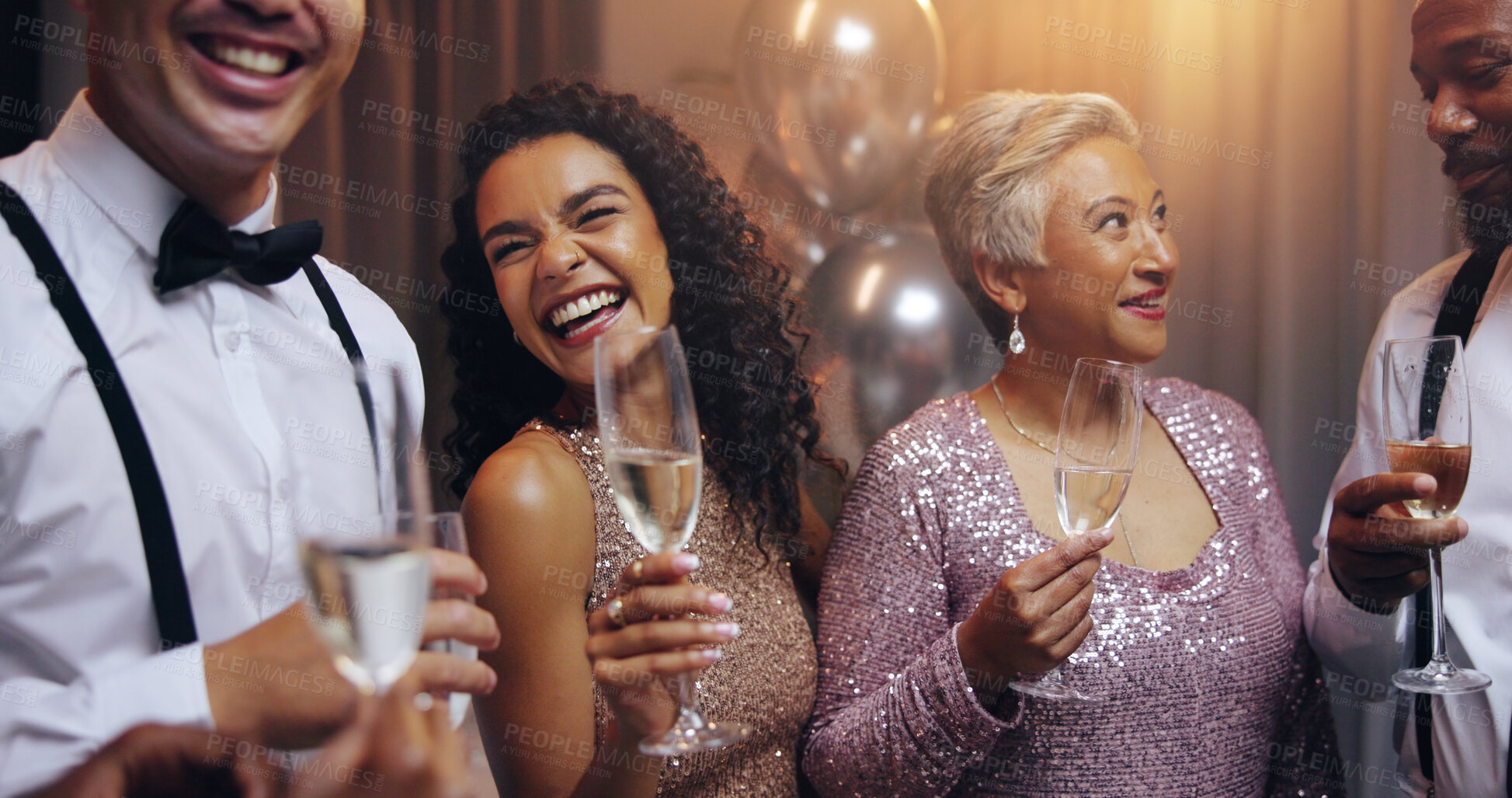 Buy stock photo Business people, group and happy with champagne at party, conversation and celebration for new year. Women, men and smile with friends, diversity and glass for alcohol, drinks and gala event at night