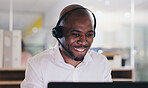 Call center, black man and laptop consulting with technical support, online and telemarketing company. Technology, headset and digital consultant with lead generation, sales and crm offer in office