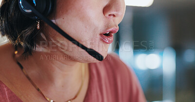 Buy stock photo Call center, woman and consulting with technical support, online and mouth at telemarketing company. Technology, headset and digital consultant with lead generation, sales and crm offer in office