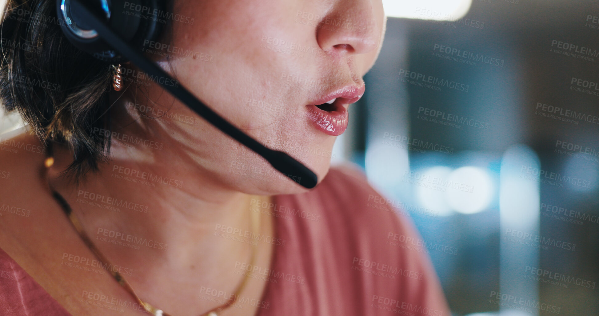 Buy stock photo Call center, woman and consulting with technical support, online and mouth at telemarketing company. Technology, headset and digital consultant with lead generation, sales and crm offer in office