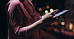 Night, tablet and hands of businesswoman on rooftop of office building with research for investment. Digital technology, closeup and female financial planner typing email for profit dividend report.