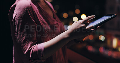 Buy stock photo Night, tablet and hands of businesswoman on rooftop of office building with research for investment. Digital technology, closeup and female financial planner typing email for profit dividend report.