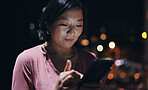 Night, business and Asian woman with smartphone, city and typing with internet, social media and chatting. Person, evening and employee with cellphone, mobile user and message to contact and texting