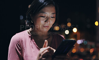 Buy stock photo Night, business and Asian woman with smartphone, city and typing with internet, social media and chatting. Person, evening and employee with cellphone, mobile user and message to contact and texting