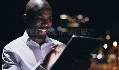 Buy stock photo Night, business and black man with tablet, city and typing with internet, social media and connection. Person, evening and employee with tech, chatting and message to contact, network and texting